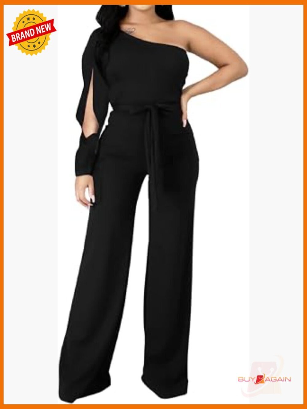 Elegant One Shoulder Long Sleeve Jumpsuit with Pockets Stretchy